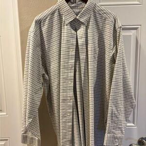 L.L. Bean Men's Checkered Shirt -White with Green Stripes Wrinkle-free fabric